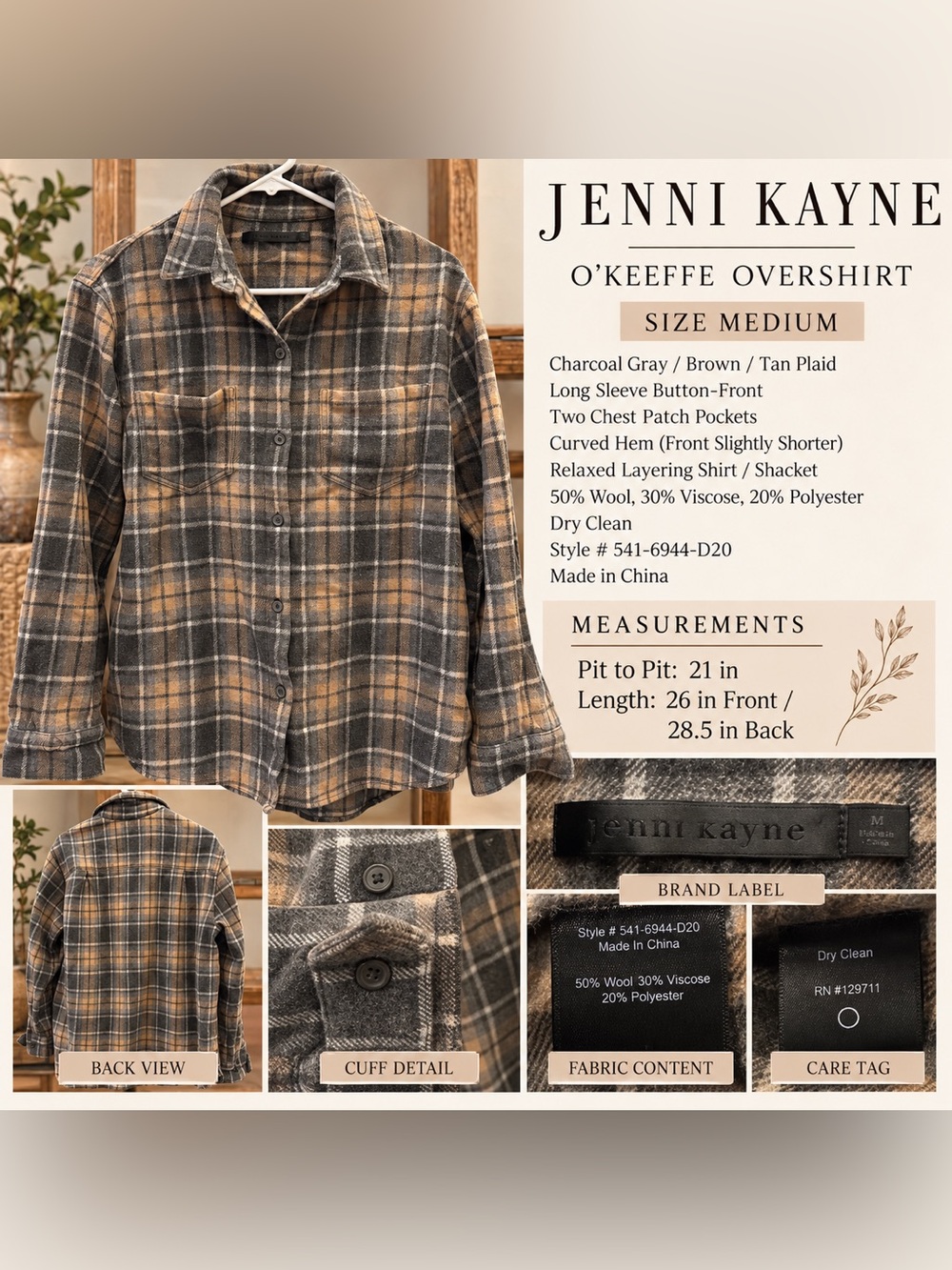 Jenni Kayne O’Keeffe Overshirt M Charcoal Brown Plaid Wool Blend Layering Piece